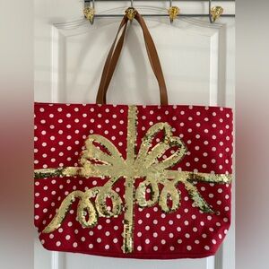 Mud Pie Red and White Polka Dot Canvas Holiday Tote with Gold Sequined Bow